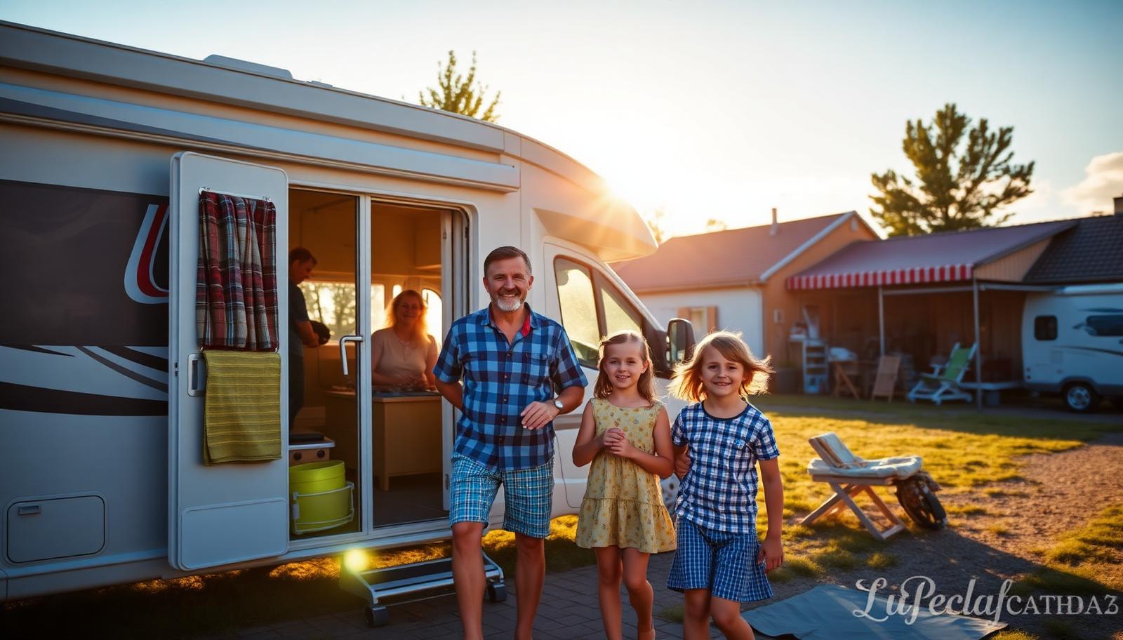 Familj med två barn utanför en husbil på en camping i kvällssol