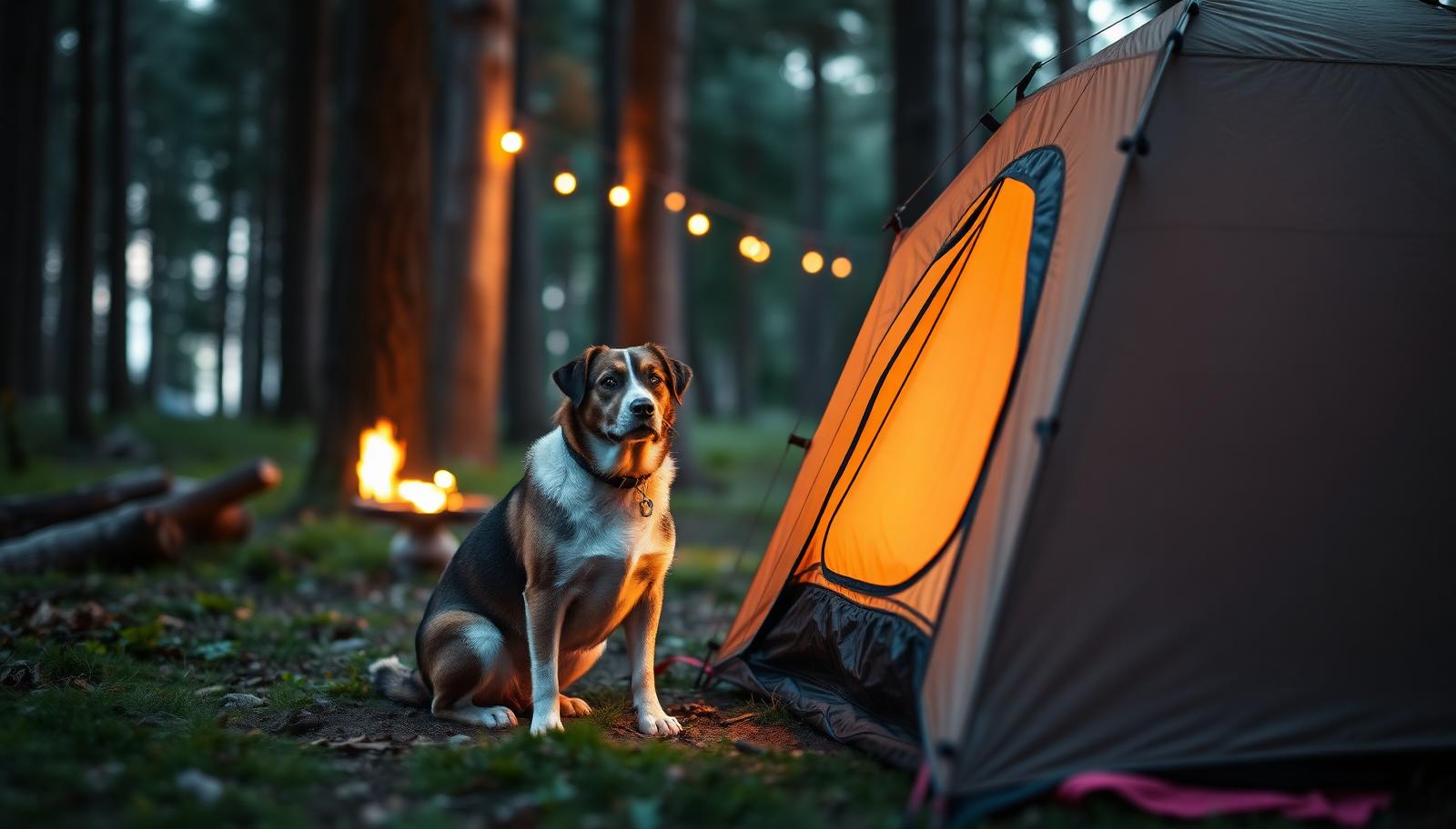 Hund som sitter bredvid ett tält på en skogscamping i kvällsljus