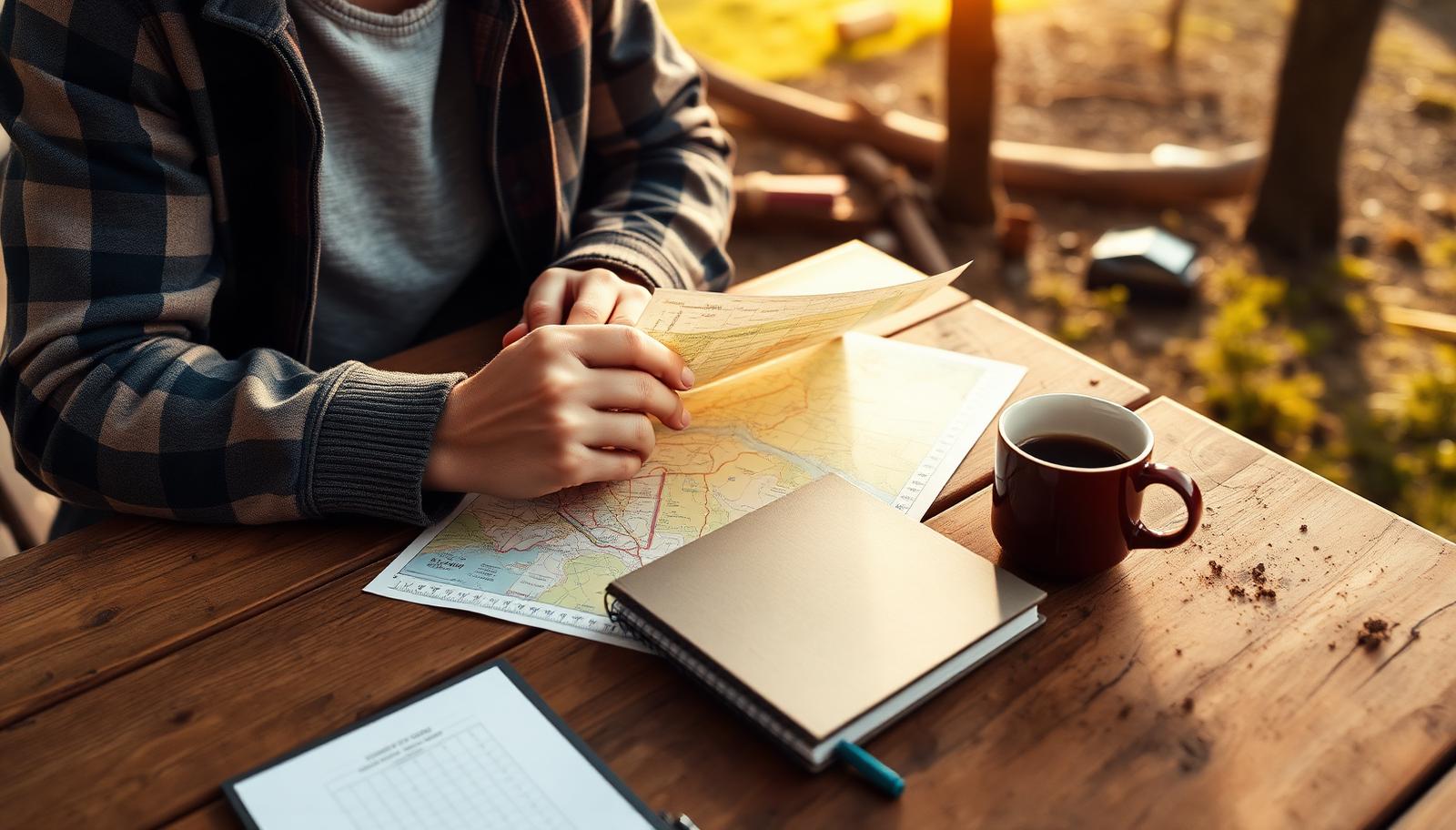 Karta, anteckningsbok och kaffe på ett träbord vid en camping