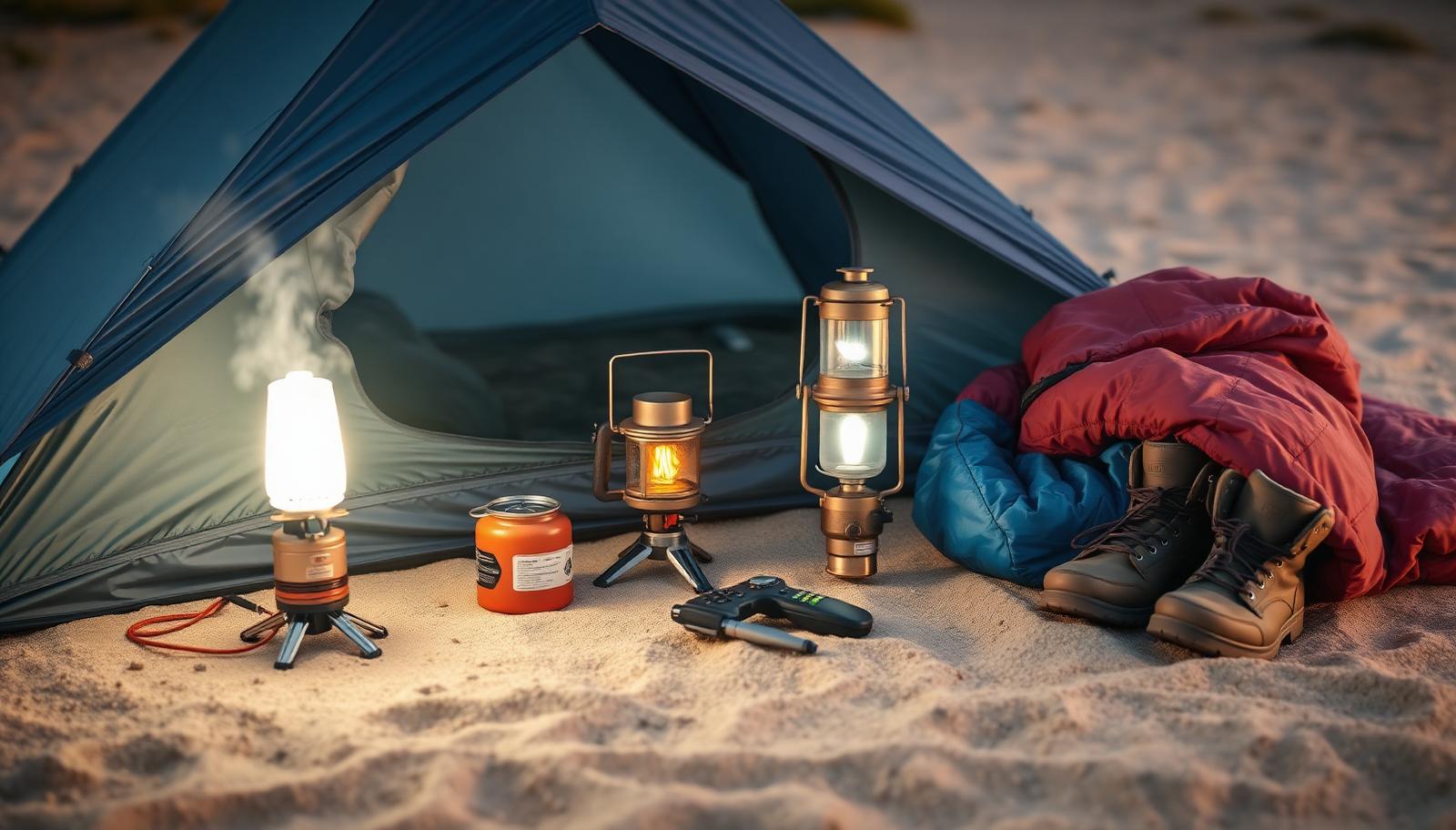 Tält, kök, lykta och sovsäck uppställda på sand